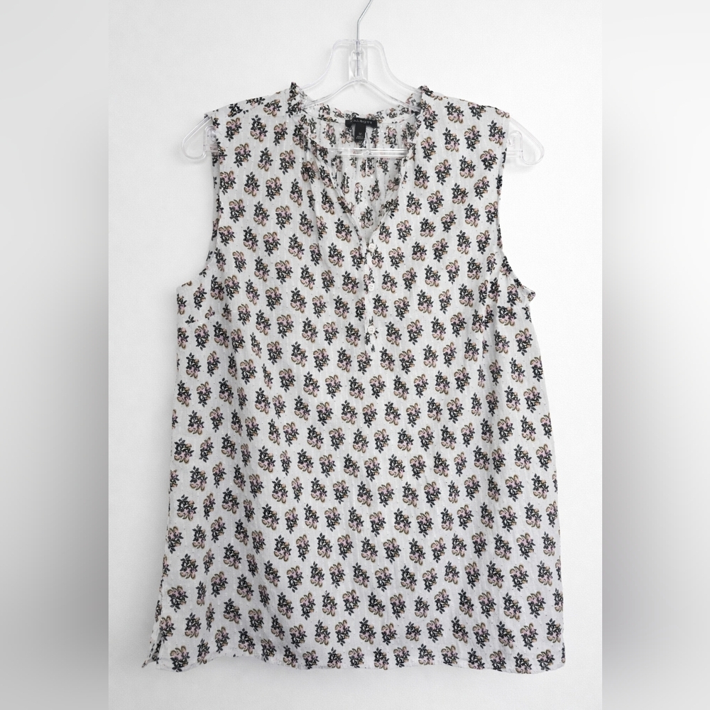 Talbots White Sleeveless Floral Henley Top with Black & Pink Print